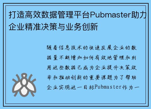 打造高效数据管理平台Pubmaster助力企业精准决策与业务创新